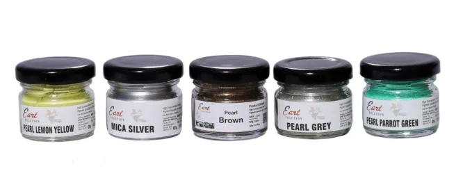 Resin Art Powder Pigment Set of 5 ( pearl yellow, Mica Silver, pearl Brown, pearl grey, pearl parrot green)