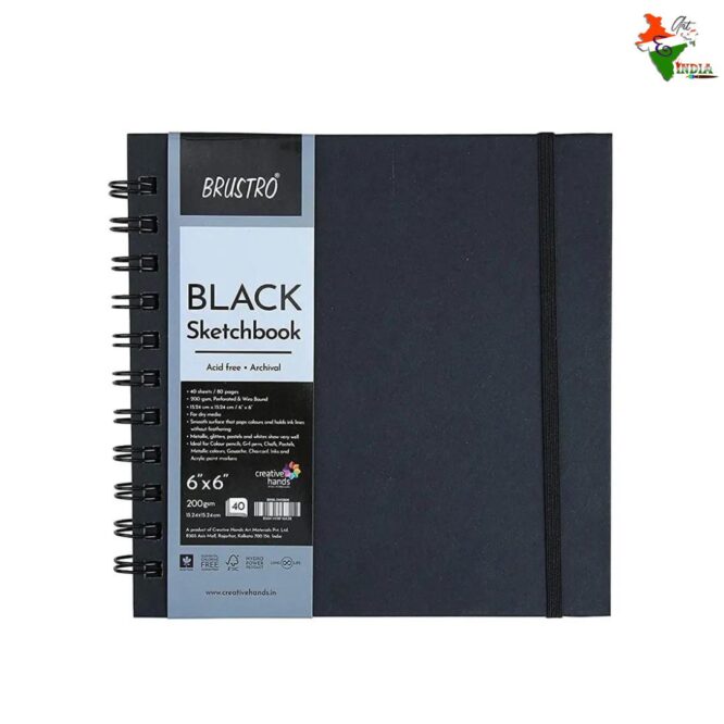 Brustro Black Sketchbook Acid Free Archival 200gsm Wiro Bon 6"X6"